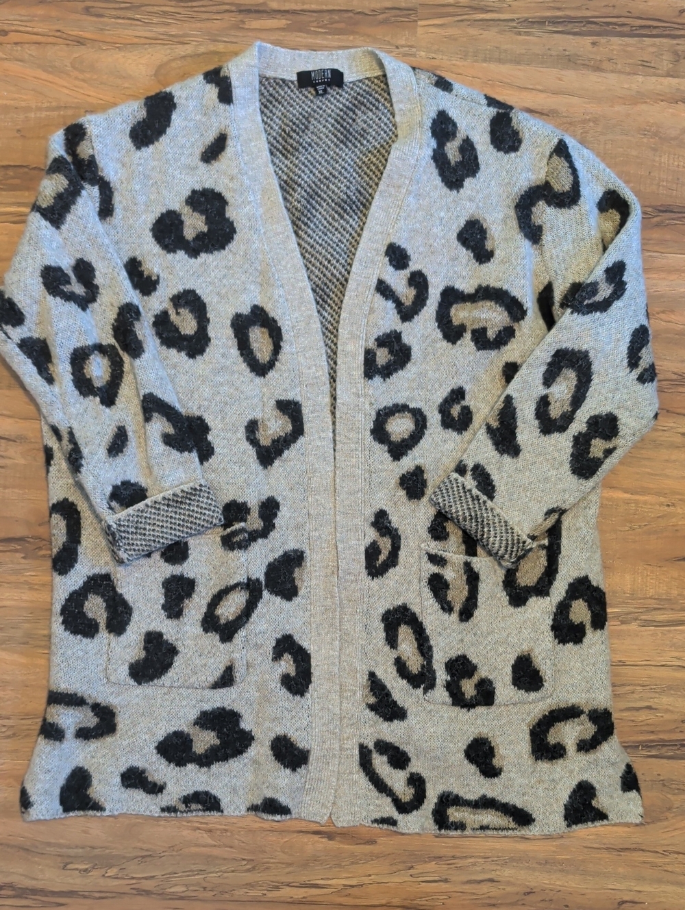 Modern Canvas Beige and Black Leopard Open Front Cardigan